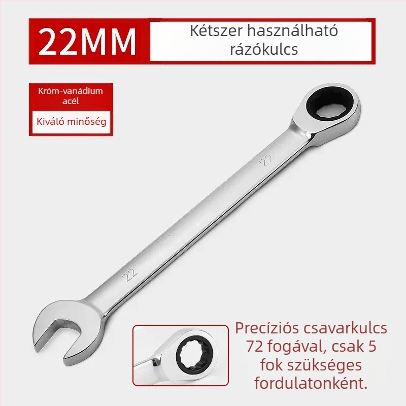 Kétoldalas racsnis kulcs, krómozott felület, króm-vanádium acél, súly 0.7