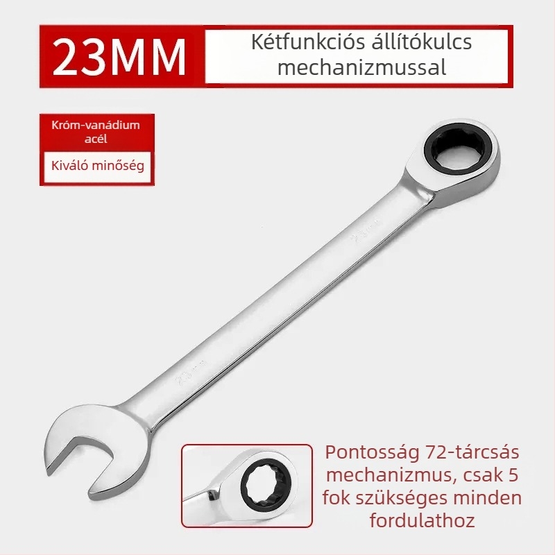 Kétoldalas racsnis kulcs, krómozott felület, króm-vanádium acél, súly 0.7