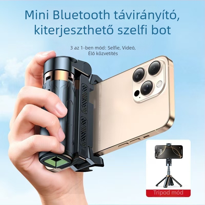 Mini Bluetooth okostelefon-selfie pálca négylábú állvánnyal, teleszkópos, képstabilizálás, beépített világítás, alumíniumötvözet + ABS