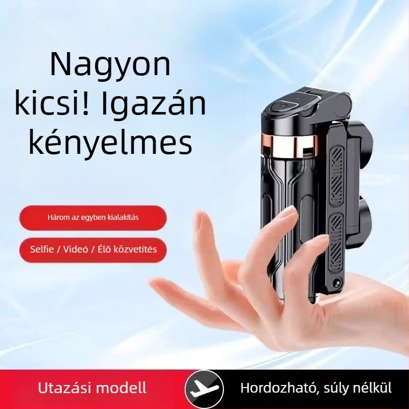 Mini Bluetooth okostelefon-selfie pálca négylábú állvánnyal, teleszkópos, képstabilizálás, beépített világítás, alumíniumötvözet + ABS