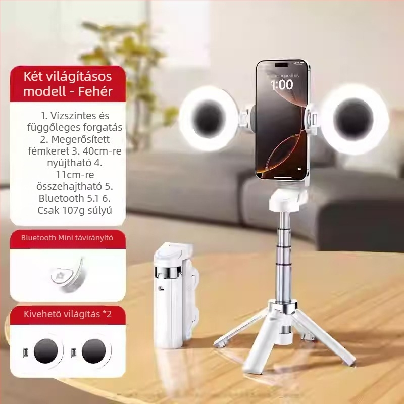 Mini Bluetooth okostelefon-selfie pálca négylábú állvánnyal, teleszkópos, képstabilizálás, beépített világítás, alumíniumötvözet + ABS