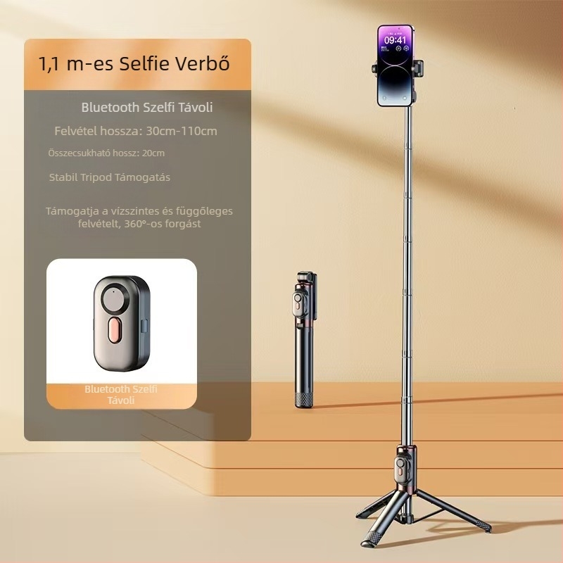 Mini Bluetooth okostelefon-selfie pálca négylábú állvánnyal, teleszkópos, képstabilizálás, beépített világítás, alumíniumötvözet + ABS