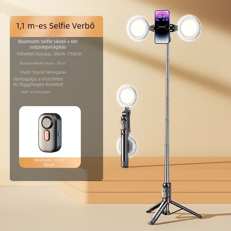 Mini Bluetooth okostelefon-selfie pálca négylábú állvánnyal, teleszkópos, képstabilizálás, beépített világítás, alumíniumötvözet + ABS