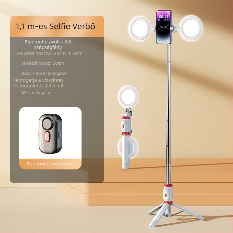 Mini Bluetooth okostelefon-selfie pálca négylábú állvánnyal, teleszkópos, képstabilizálás, beépített világítás, alumíniumötvözet + ABS