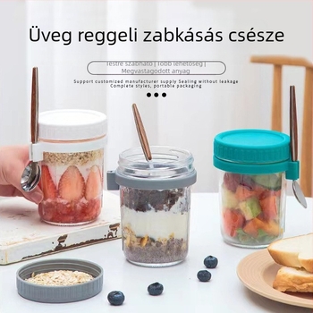 Fogantyús üveg ivó pohár kanállal, 350 ml kapacitás, soda-lime üveg, nyomtatott logó