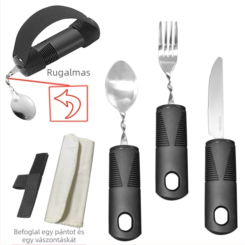 430-as rozsdamentes acélból készült étkezési eszközök gumírozott fogantyúval, összecsukható és adaptív idős személyek számára – kés, villa és kanál