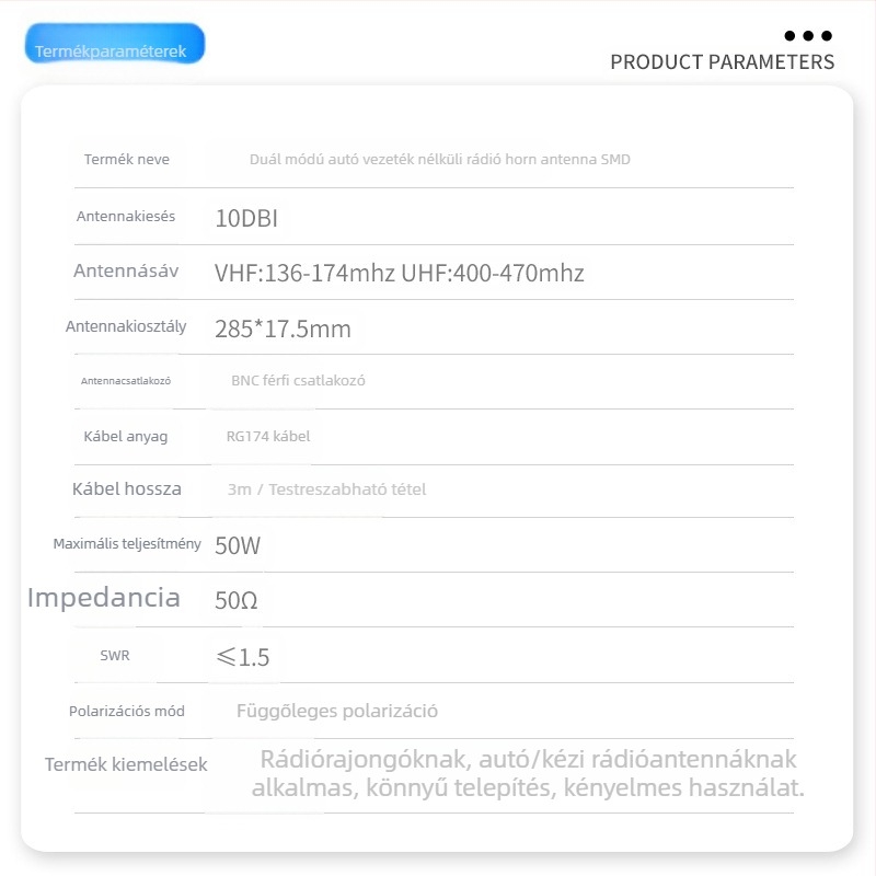 VHF/UHF kürtantenna autórádióhoz, magas nyereségű patch antenna, 10 dB, 136–174/400–470 MHz, 50 Ω, SWR ≤ 1.5, BNC csatlakozó