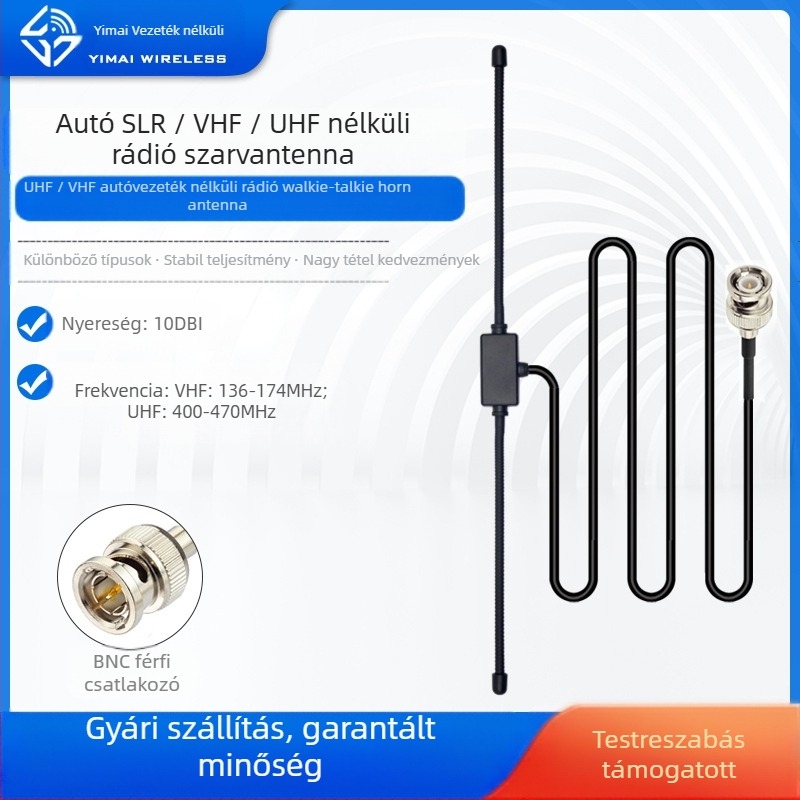 VHF/UHF kürtantenna autórádióhoz, magas nyereségű patch antenna, 10 dB, 136–174/400–470 MHz, 50 Ω, SWR ≤ 1.5, BNC csatlakozó