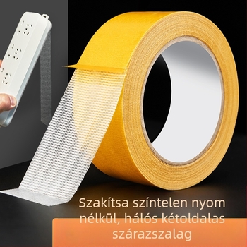 Hálós alapú, kétoldalas ragasztószalag szőnyegek rögzítésére, erős tapadás, nyom nélkül; hossz 5.1 m (testreszabható 20.5 m-ig), szélesség 8-50 mm, vastagság 0.28-0.38 mm.