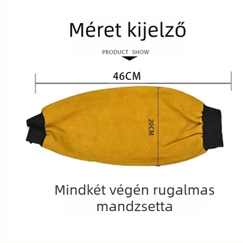 Hegesztő ujjvédők marhabőrből, hőszigeteléssel, égés- és kopásállósággal, tűzálló béléssel; súlya kb. 0,4 kg; alkalmas elektromos hegesztéshez és olvasztáshoz