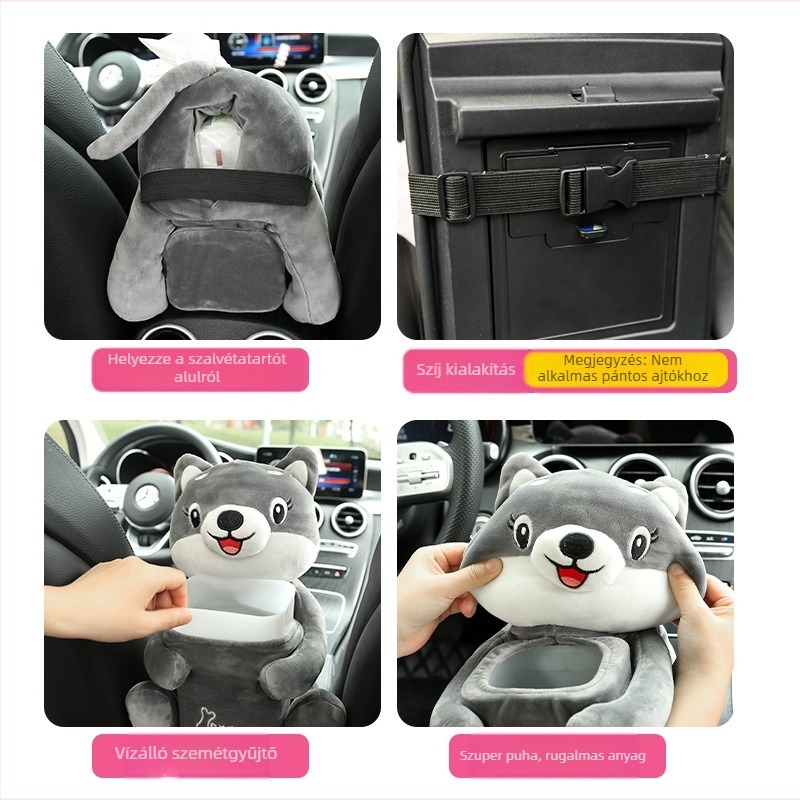 Autó középső kartámaszhoz való szemetes és zsebkendő tartó – Vízálló műanyag szervező, aranyos rajzfilm mintával