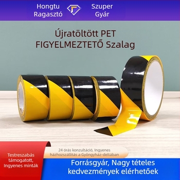 PE figyelmeztető szalag építkezési terület biztonságára és padlójelölésre; gumibasú ragasztó; papírcső a magban; -50 °C-tól 100 °C-ig terjedő hőmérséklet-tartomány; könnyen eltávolítható ragasztó maradványok nélkül