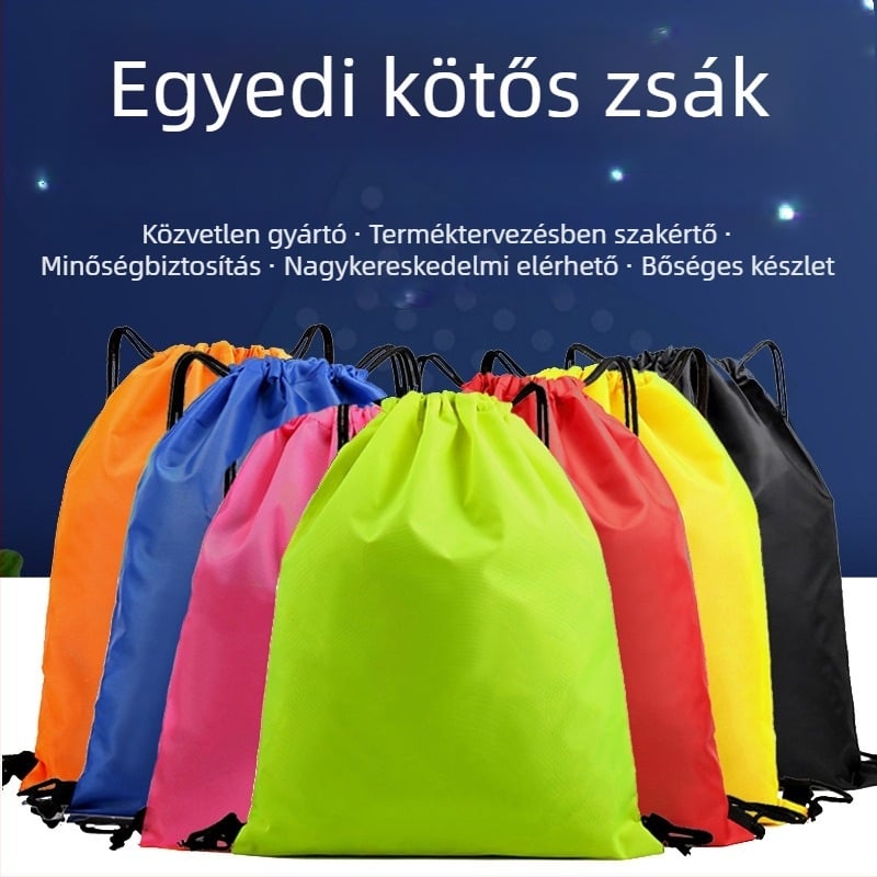 Poliészteres húzókendős reklámtáska – hátizsák, logónyomás lehetséges; nyomtatási módszerek: hőtranszfer, szitanyomás, ofszetnyomás