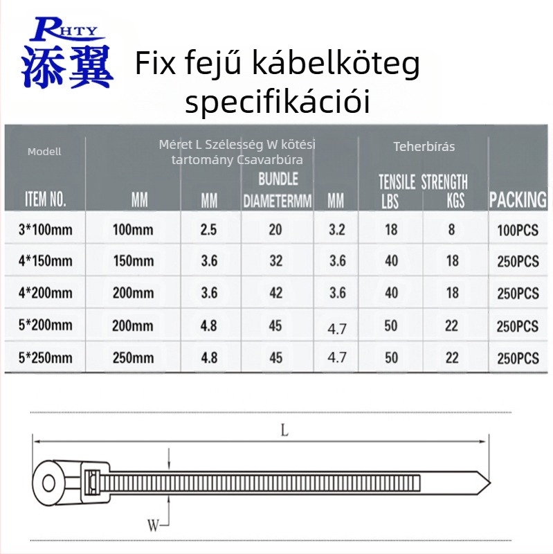Önzáró kábelcsat nylon 66, húzóerő 15-18 kg, 3-32 mm-ig terjedő tartomány, -20°C-tól 80°C-ig, tűzvédelmi osztály 94V-2