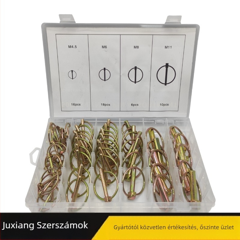 50 darabos körcsap készlet: biztosító csapok, rugós csapok, pozicionáló csapok, gyorszáras csapok és reteszelő csapok; felületkezelés: fém