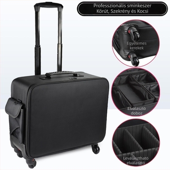 Kozmetikai trolly görgős, Oxford anyag, húzható rúd, univerzális kerekek, cipzáros nyitás