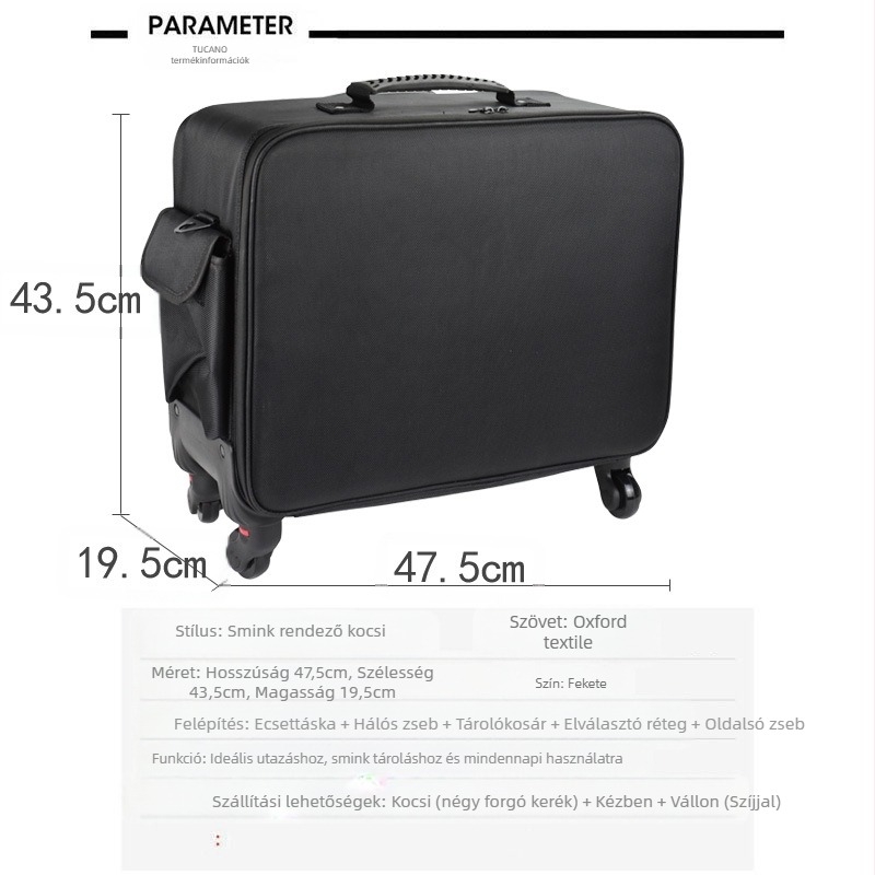 Kozmetikai trolly görgős, Oxford anyag, húzható rúd, univerzális kerekek, cipzáros nyitás