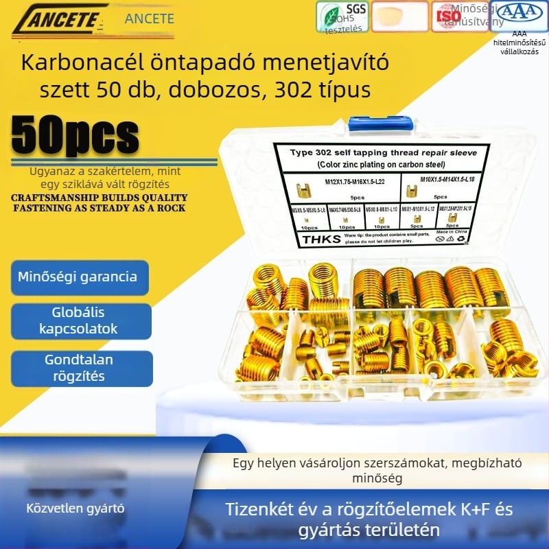 Öncsavaró hüvely 302 típusú szénacélból, menetjavító készlet, 50 db, kombinált csomag