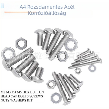 1220 db rozsdamentes acél 304 kör fejű belső hatszögletű csavarok, anyák és sík alátétek készletben, dobozban. Standard A2-7380-35; Márka Jing Heng