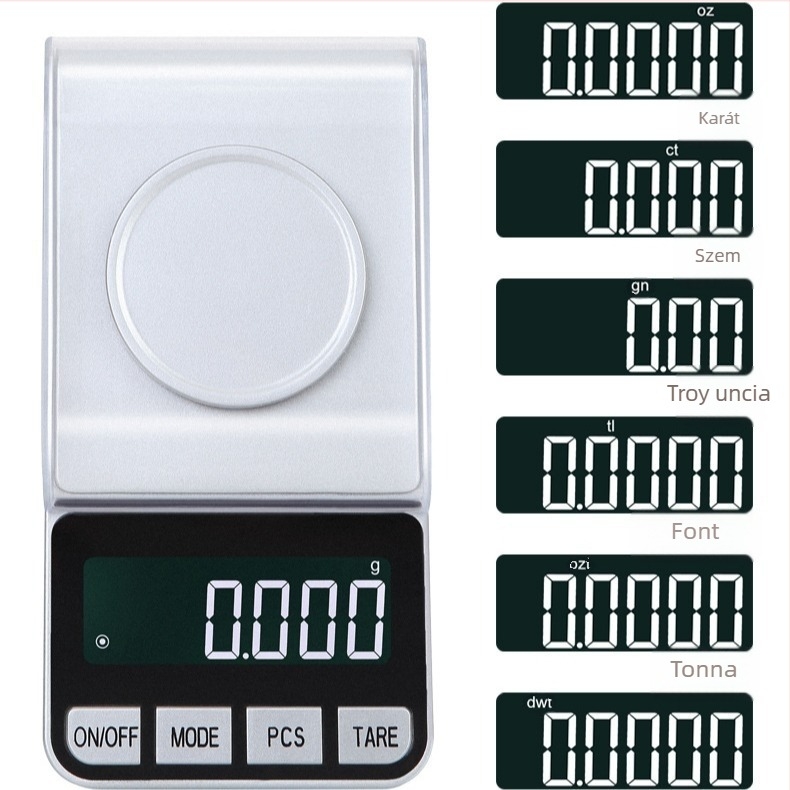 Precíz ékszer mérleg, modell 188A, teherbírás 50 g/0.001 g, méretek 7.4×14.2×3.6 cm, elektronikus, tápellátás USB vagy 2x AAA