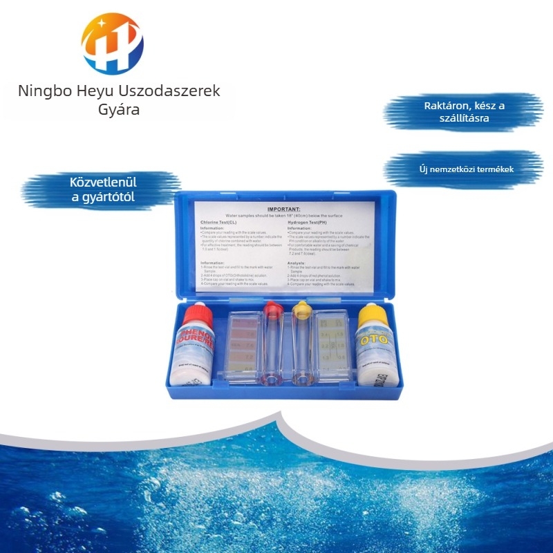 Úszómedencék vízminőségi tesztkészlet – pH és klór mérése, vízben oldódó reagensek tartalmazva
