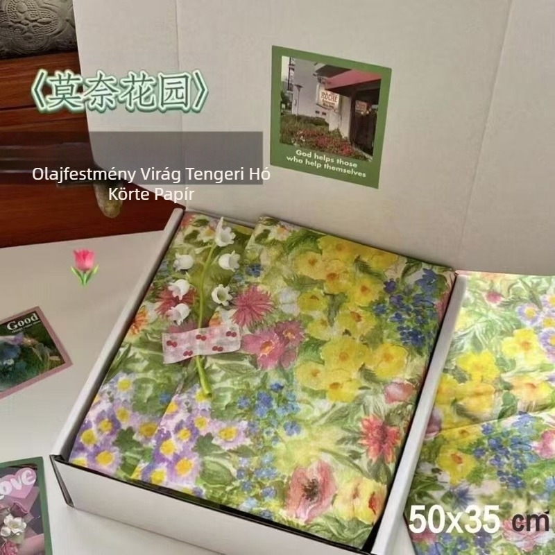 Olajfestéshez papír – Ins stílusú Monet-kert virágos táj, 10 lap, Nyomtatási felbontás 690×960, Tömeg 17 g, Átláthatóság 5, Fehérség 3