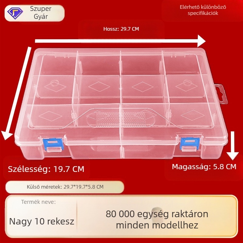 Nagy kapacitású, 10 rekeszre osztott, levehető, többfunkciós PP műanyag tárolóedény, fedéllel, matricák és kártyák rendezésére