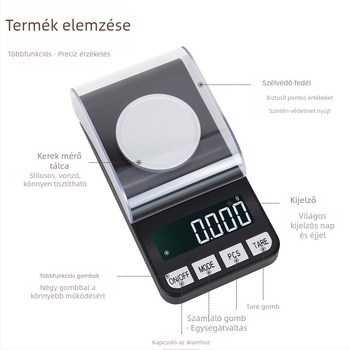 CX-188A Ékszer elektronikus mérleg — pontosság 0.001 g, mérési tartomány 0.005–100 g, elektronikus mérleg USB/AAA tápegység