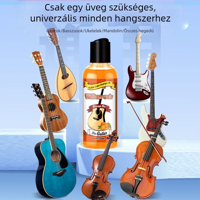 Zenes hangszertisztító és ápoló olaj gitárhoz, hegedűhöz, erhu-hoz és zongorához – repedés elleni védelem; 0,15 kg bruttó • csomagolás 100 db • licencelt magáncímke