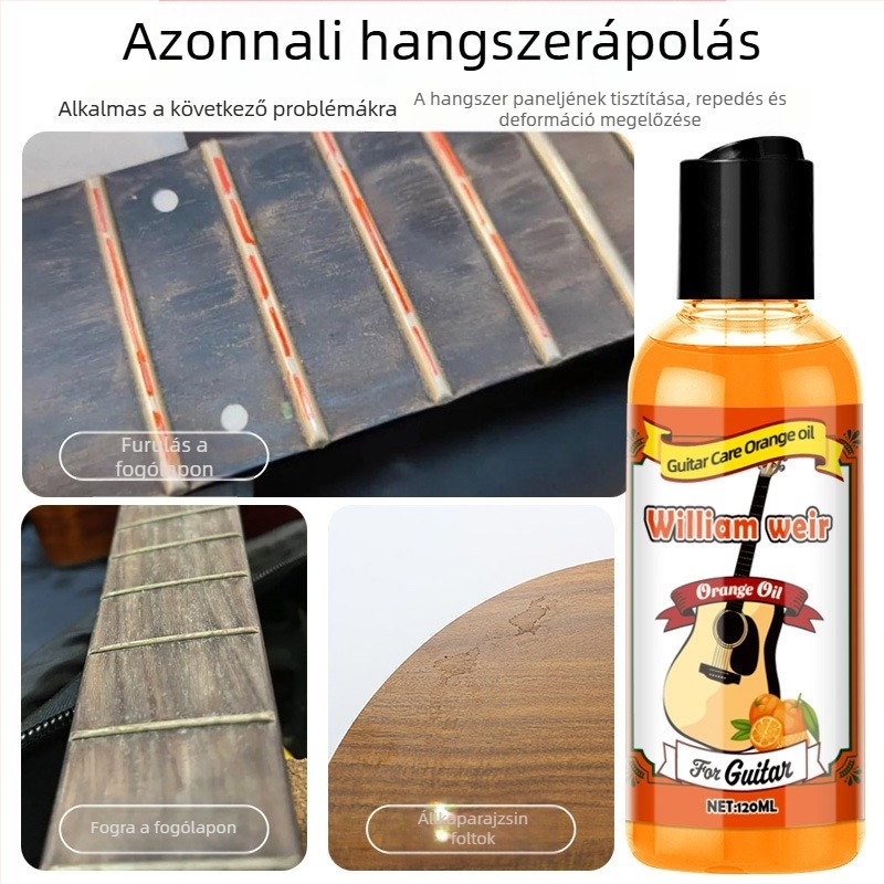 Zenes hangszertisztító és ápoló olaj gitárhoz, hegedűhöz, erhu-hoz és zongorához – repedés elleni védelem; 0,15 kg bruttó • csomagolás 100 db • licencelt magáncímke