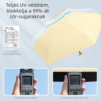 Kapszula típusú esernyő nőknek, 6 bordás váz, 210T anyagú szövet, UPF >40, kézi nyitás-zárás, súly 220 g