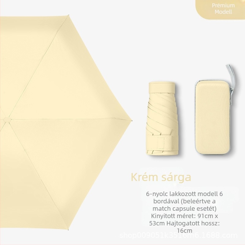 Kapszula típusú esernyő nőknek, 6 bordás váz, 210T anyagú szövet, UPF >40, kézi nyitás-zárás, súly 220 g