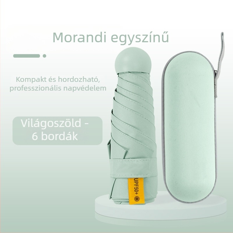 Kapszula típusú esernyő nőknek, 6 bordás váz, 210T anyagú szövet, UPF >40, kézi nyitás-zárás, súly 220 g