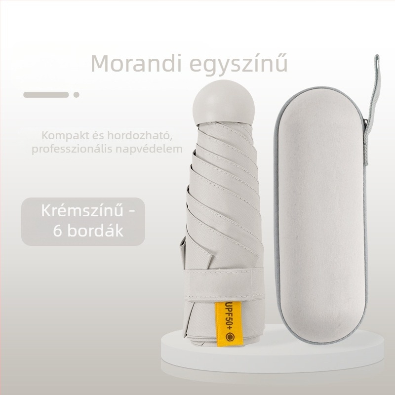 Kapszula típusú esernyő nőknek, 6 bordás váz, 210T anyagú szövet, UPF >40, kézi nyitás-zárás, súly 220 g