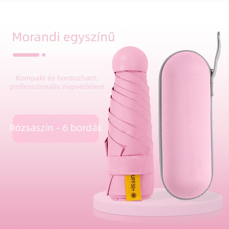 Kapszula típusú esernyő nőknek, 6 bordás váz, 210T anyagú szövet, UPF >40, kézi nyitás-zárás, súly 220 g