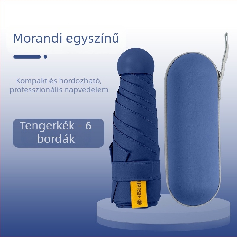 Kapszula típusú esernyő nőknek, 6 bordás váz, 210T anyagú szövet, UPF >40, kézi nyitás-zárás, súly 220 g