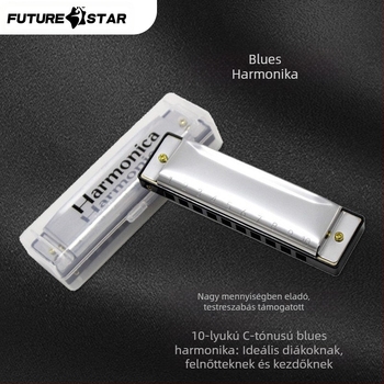 Blues harmonika, 10 furat, kulcs C, modell BA10, hangnyílás anyaga: gyanta