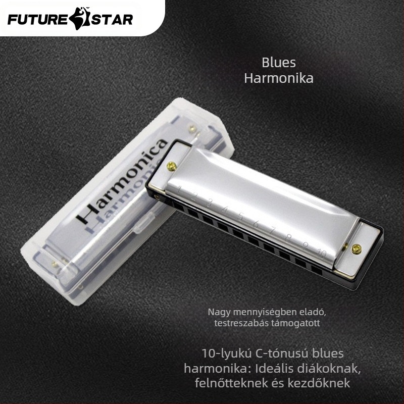 Blues harmonika, 10 furat, kulcs C, modell BA10, hangnyílás anyaga: gyanta