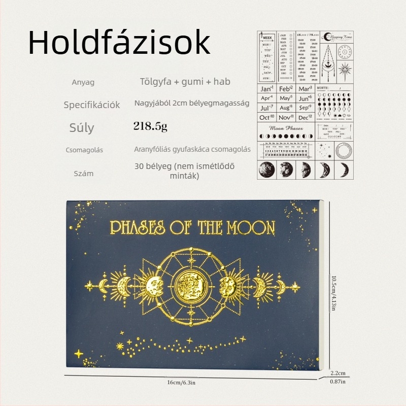 Fából készült dobozos pecsét holdfázis motívummal, vintage stílus, anyag: Hemu