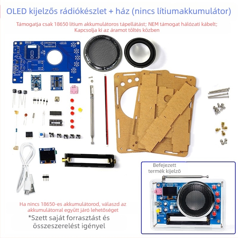 OLED kijelzős rádió összeszerelő készlet – újratölthető FM áramkör DIY projektekhez