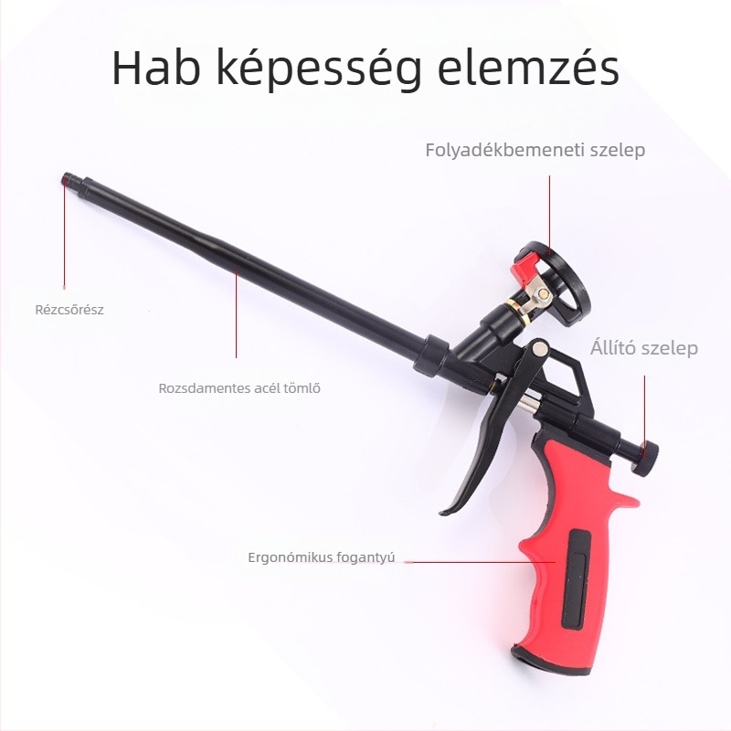 PTFE habpisztoly kapcsolóval és réz fejjel poliuretán habhoz és tömítéshez; max nyomás 200, max áramlás 0,5, optimális permetezési távolság 1000, anyag: ötvözetek/vas és réz
