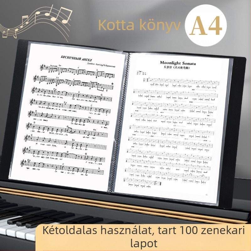 Partitúra mappa átlátszó betétekkel és vízálló dokumentumtáskával; bevont papír, vastagság 0,55 mm, 20/30/40 oldal