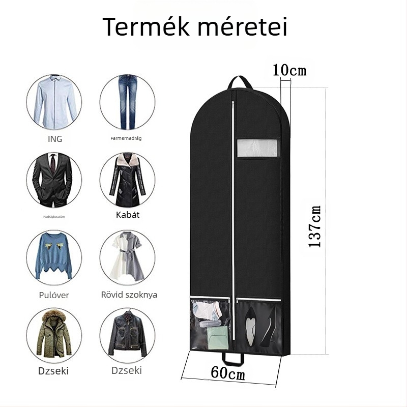 Szellőző nemszövött ruhatartó táska két zsebbel – por- és nedvességálló, utazáshoz és otthoni használathoz