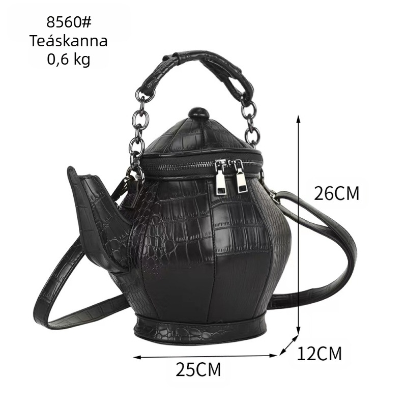 Teáskanna alakú bucket táska, PU anyag, zippzáras zárás, belső zsebek telefon és kártya számára, egy vállpánt