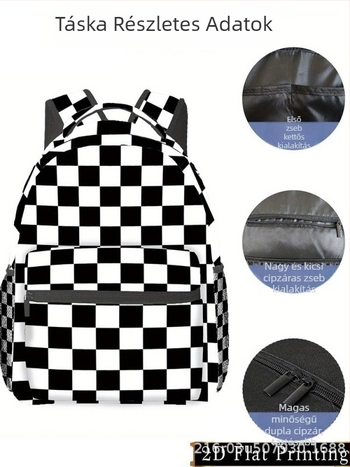 Unisex ifjúsági campus hátizsák – Nagy kapacitású kockás iskola táska, poliészter anyag, görbült vállpántok, tárolóbarát dizájn (Poliészter anyag, Kockás mintázat, Nagy kapacitás, Görbült vállpántok, Tárolóbarát dizájn)