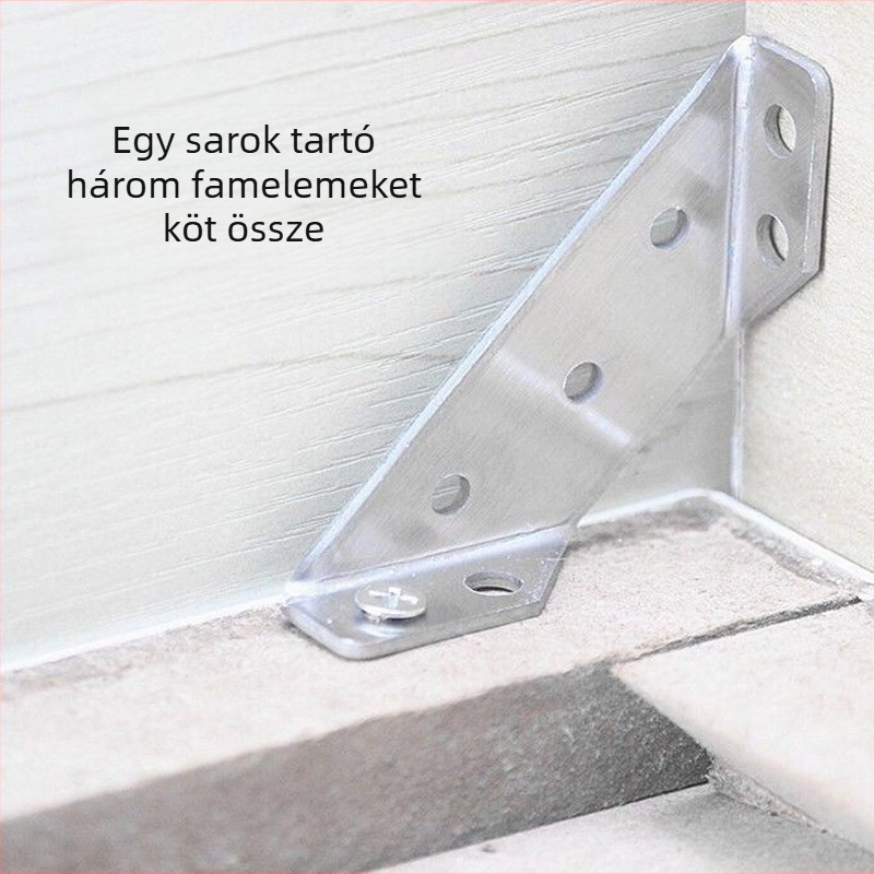 Rozsdamentes acélból készült sarokszeg, háromoldalú 90° fix, modell 020, bútorokhoz és polcokhoz, modern minimalist stílus