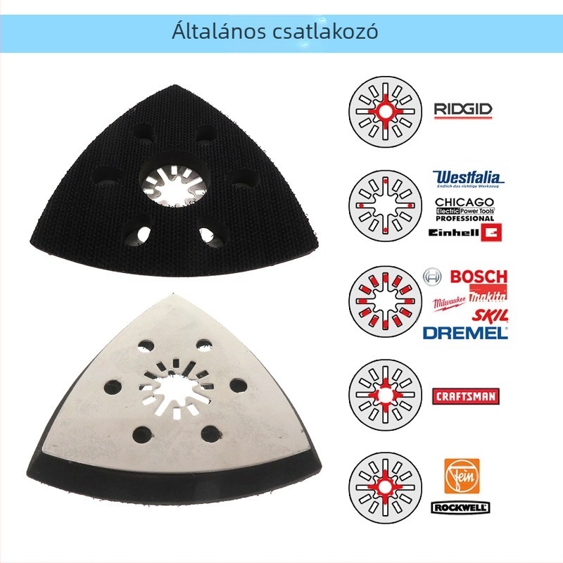 Háromszög alakú rozsdamentes acél csiszoló korong, 6 lyukkal, középső fogazott furattal