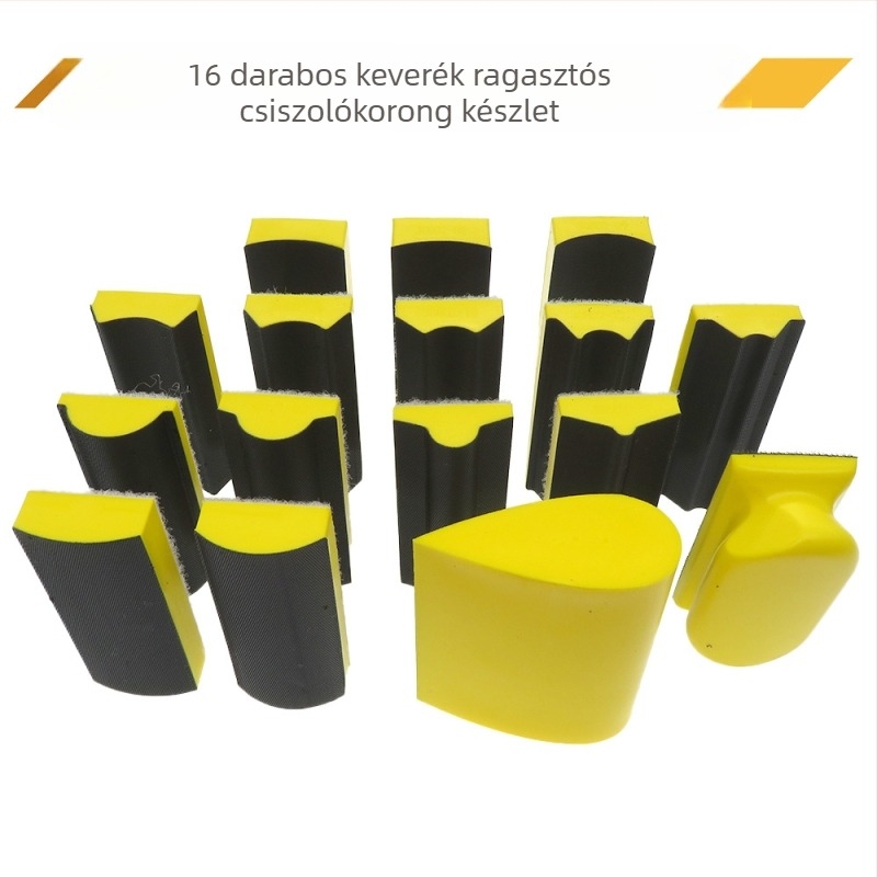 Faipari kéziszerszám csiszolókorong készlet, 16 darab, ívelt horny, PU hab, kéztámasz
