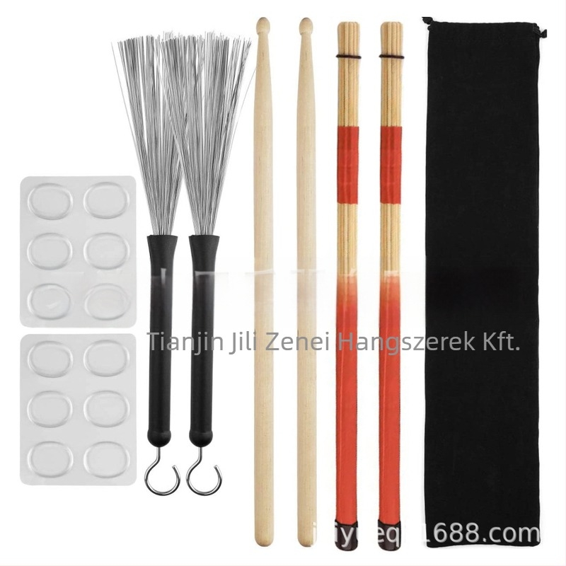 Dobos kefés készlet juharfából készült dobpálcákkal (19 készlet), velúr tok és halkító párna