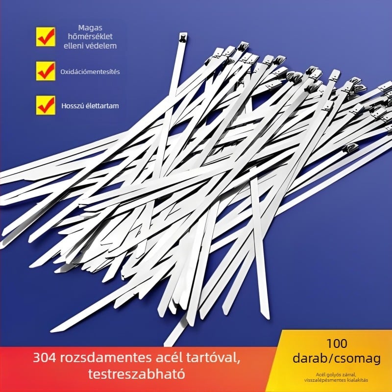 Rozsdamentes acél 304 önzáró kábelkötegek, 4,6 mm szélesek, 0,25 mm vékonyak, hosszok 150–300 mm, cső rögzítéséhez